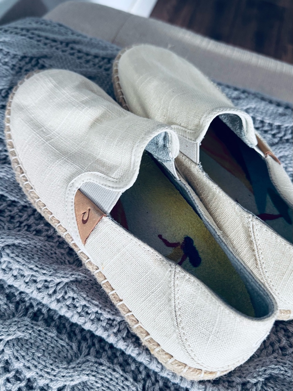 OluKai Cream Canvas Slip-Ons with Surf Graphic Inserts